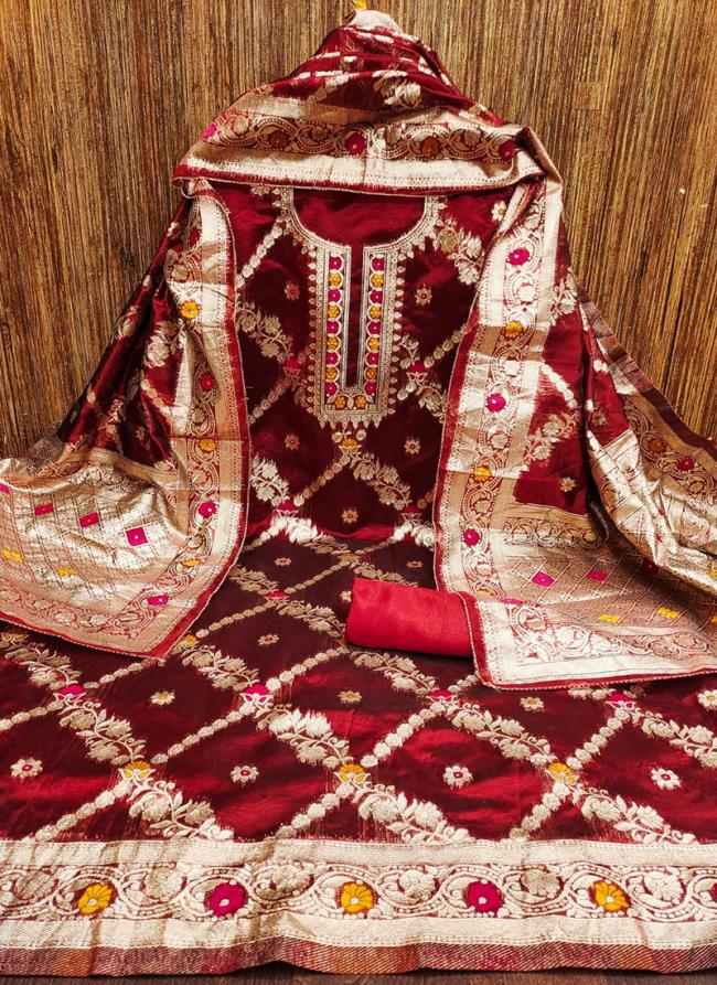 Chanderi Maroon Festival Wear Jacquard Dress Material